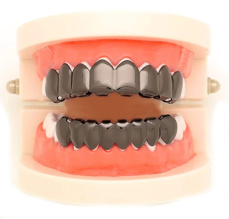 canjoyn 8 Teeth Grillz 18K Gold Top and Bottom Grills Set Shiny Hip Hop Teeth Grillz + Extra Molding Bars - Image 4
